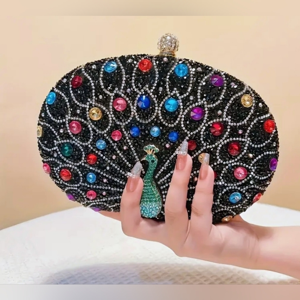 Elegant Black Beaded Peacock Clutch - Picture 2 of 3